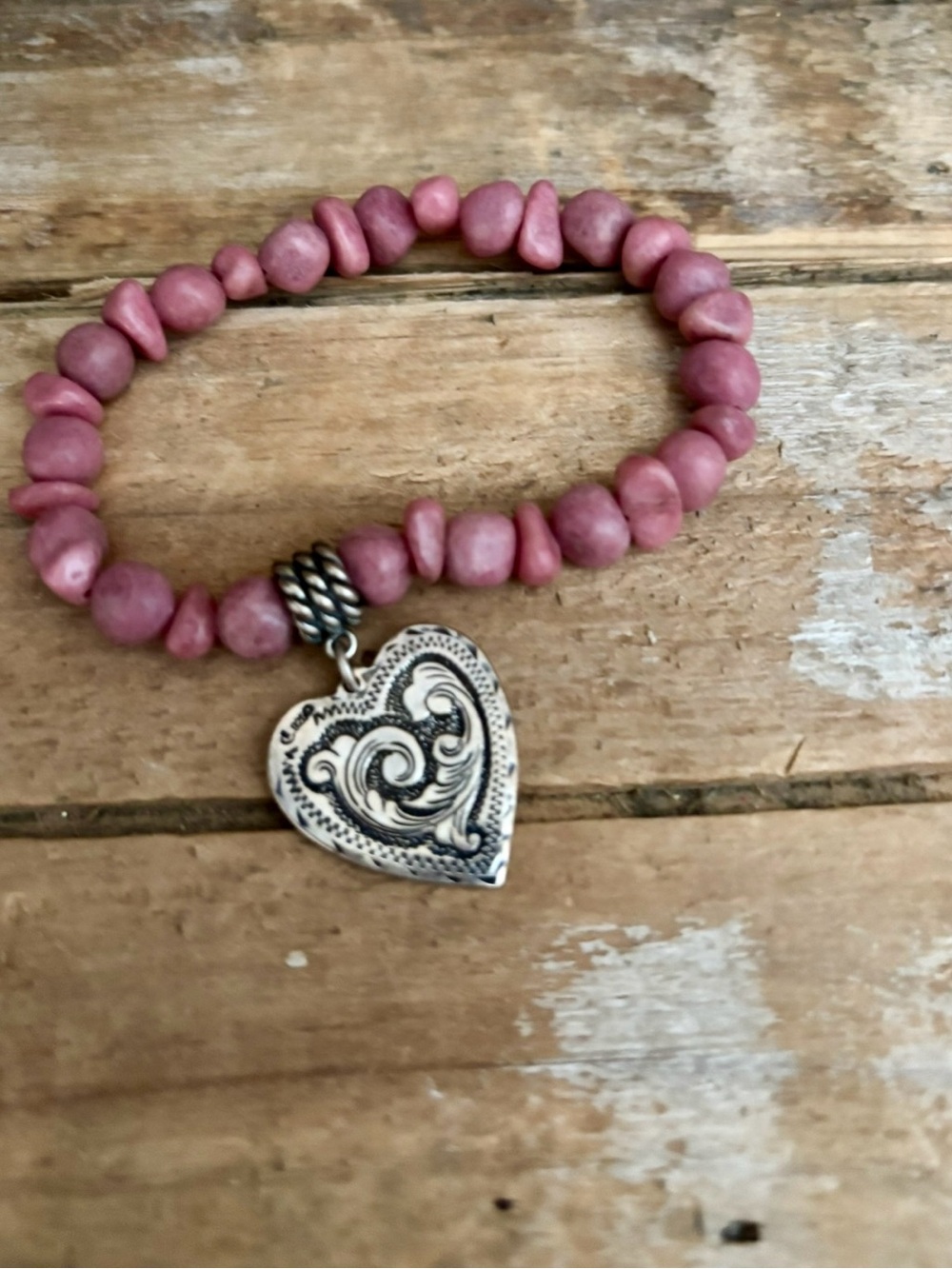 Carolyn Pollack Relios 925 Sterling Silver Pink Rhodonite Heart Charm Bracelet